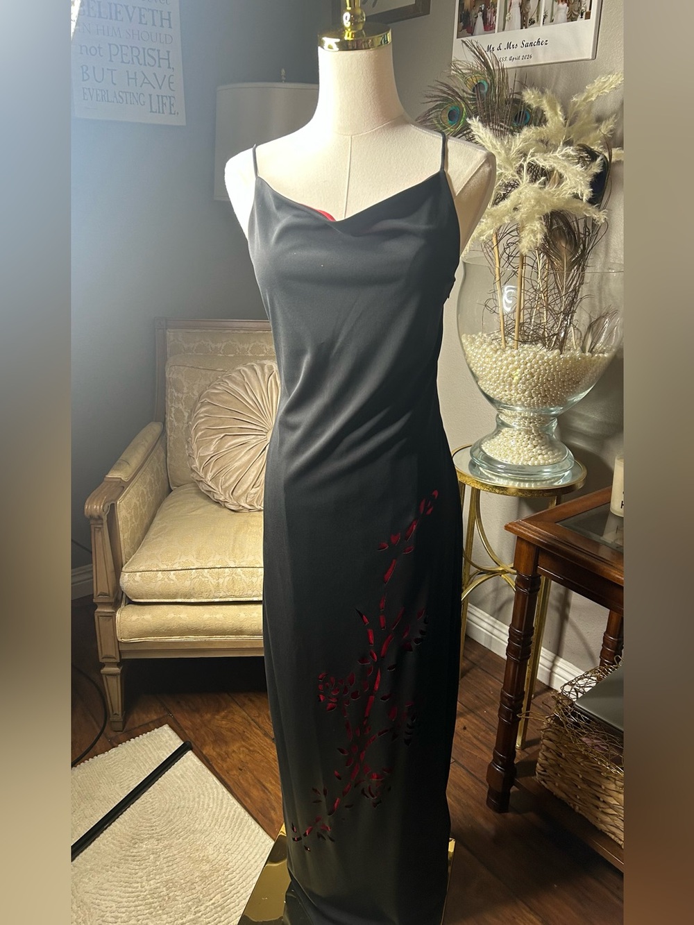 90’s Black Maxi Slip Dress with Red Accent Detailing Vintage Y2K Whimsigoth Goth